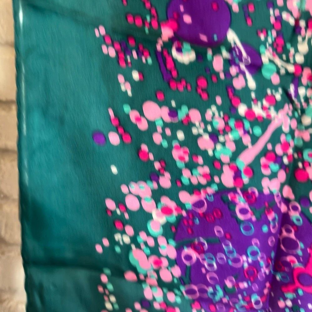 Marie‎ Charme Scarf Teal Green Pink Purple Abstract Splatter Silk Blend 30x30